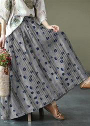 Women Green Print Ramie Elastic Waist Skirt