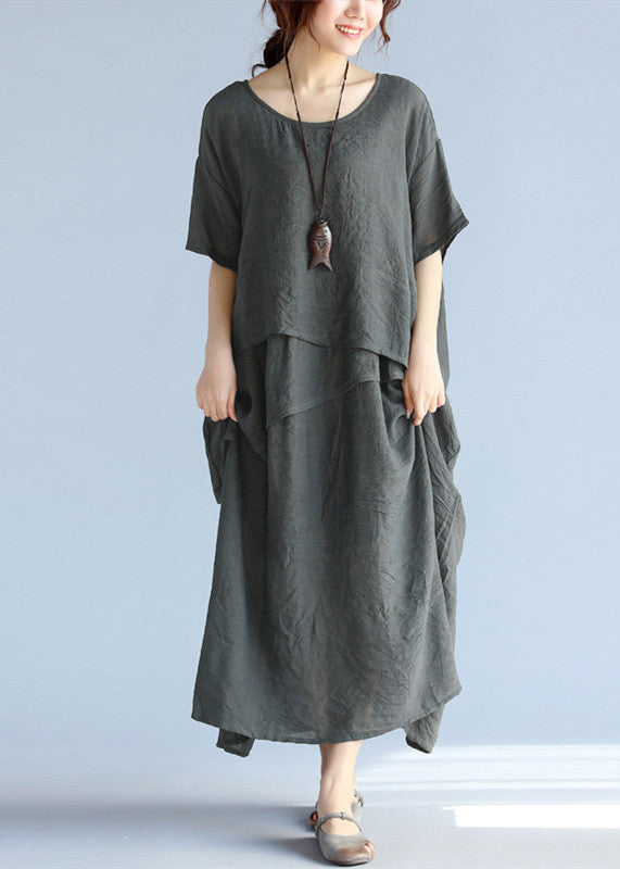 baggy gray long linen dresses oversized layered cotton maxi dress vintage short sleeve cotton clothing