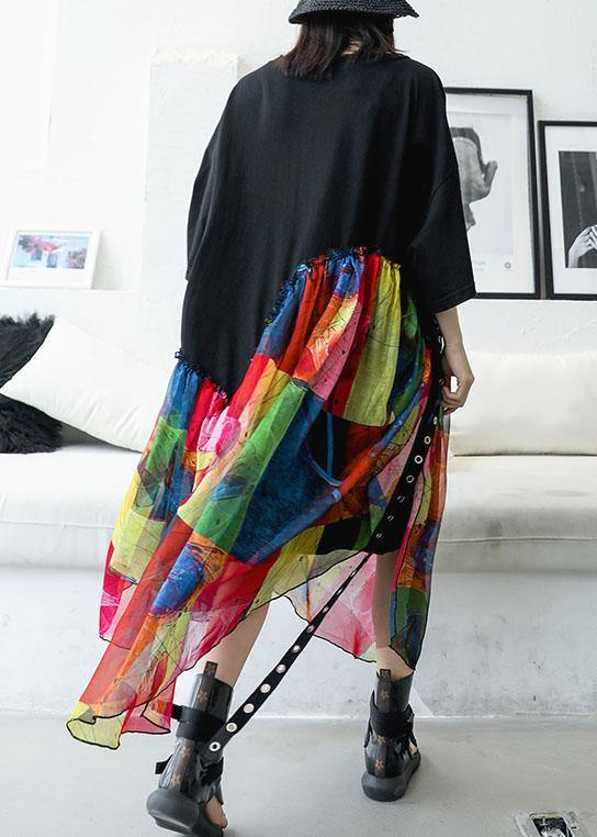 100% black cotton dresses patchwork prints chiffon Traveling summer Dresses - SooLinen