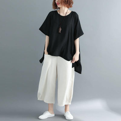 2019 black cotton linen waistcoat trendy plus size linen clothing blouses boutique short sleeve o neck brief t shirt - SooLinen