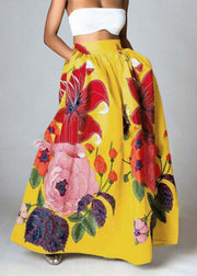 Bohemian Yellow High Waist Pockets Floral Print Cotton A Line Skirt Summer