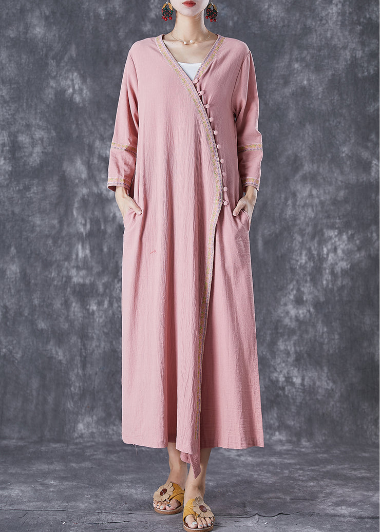 Art Pink Embroidered Button Linen Dresses Fall
