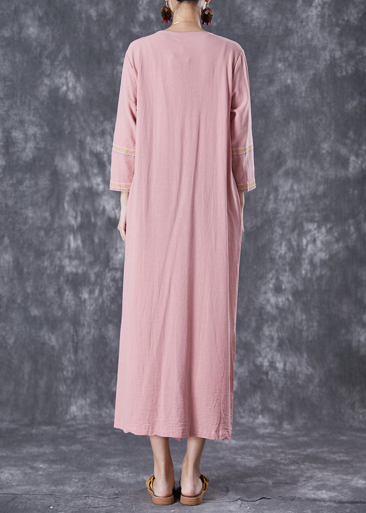 Art Pink Embroidered Button Linen Dresses Fall