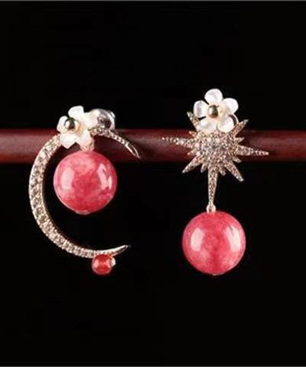 Art Pink Sterling Silver Zircon Gem Stone Shell Floral Drop Earrings