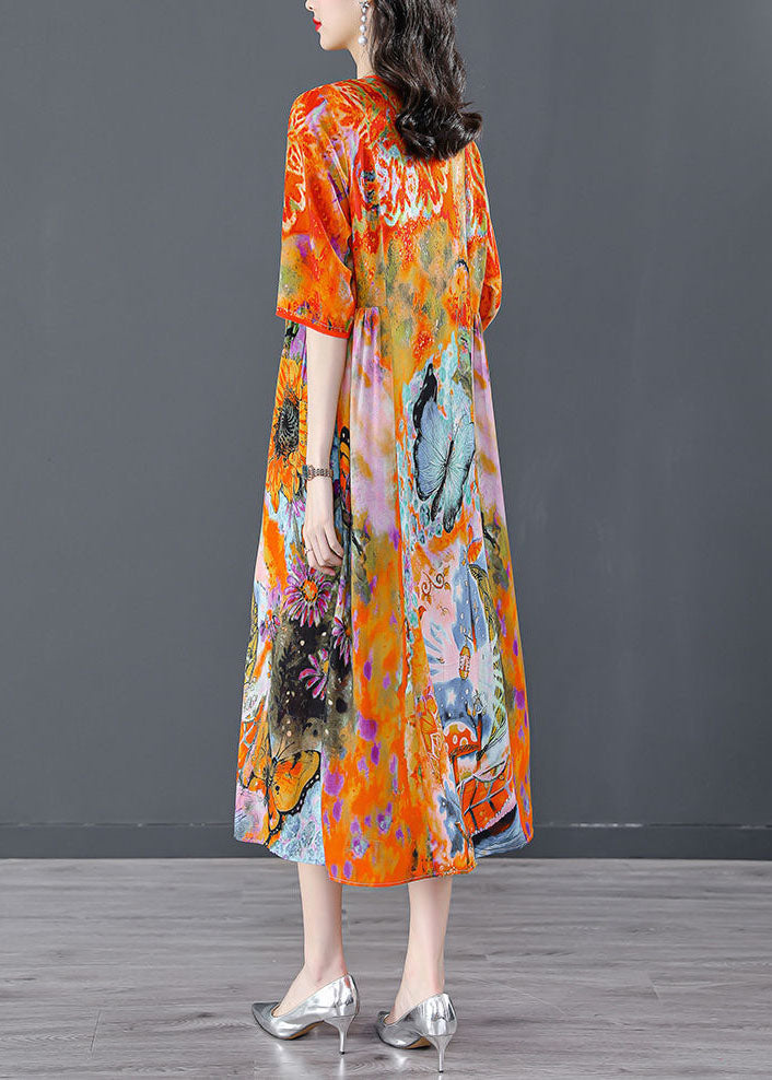 Beautiful Orange O-Neck Oversized Print Silk Dress Half Sleeve