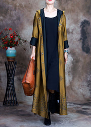 Beautiful Yellow Hooded Print Satin trench coats Spring