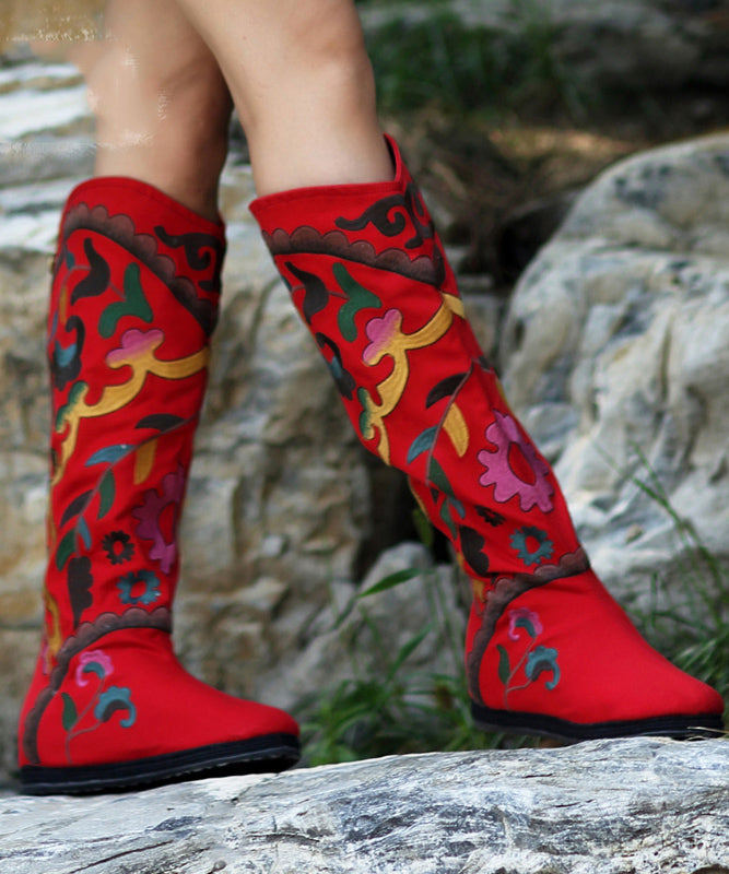 Black Embroidered Cowgirl Boots Cotton Fabric zippered Knee Boots