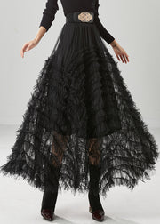 Black Silm Fit Tulle A Line Skirt Ruffled High Waist Fall