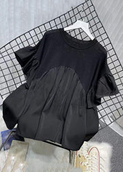 Black Solid Patchwork Loose Chiffon Tops O Neck Flare Sleeve
