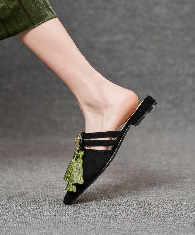 Black Velour Tassel Fashion Splicing Slide Sandals Pointed Toe