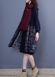 Blue Button Patchwork Print Knit Loose Spring Cardigans