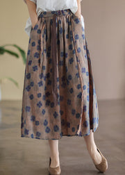 Bohemian Khaki Elastic Waist Print Linen Skirts Summer