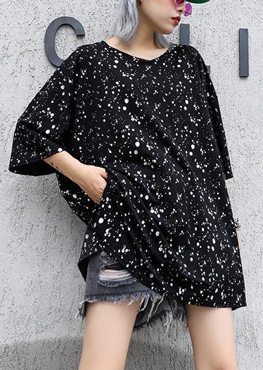 Bohemian black dotted cotton tunic top v neck side open Plus Size Clothing summer tops - SooLinen