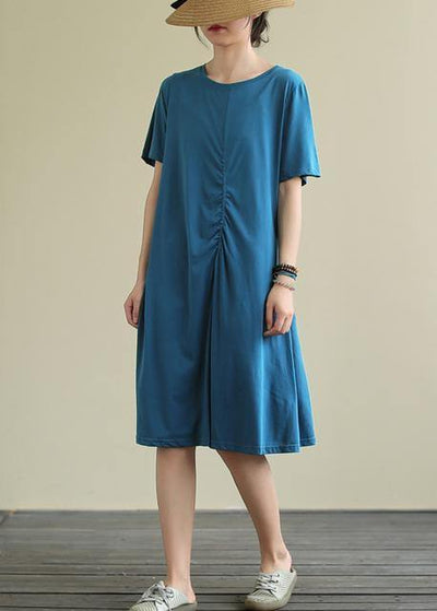 Bohemian o neck Cinched Cotton summer dress Sewing blue Dresses - SooLinen