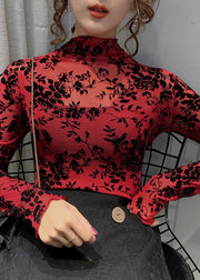 Boho Apricot Turtleneck Embroidered Floral Lace Tops Bottoming Shirt