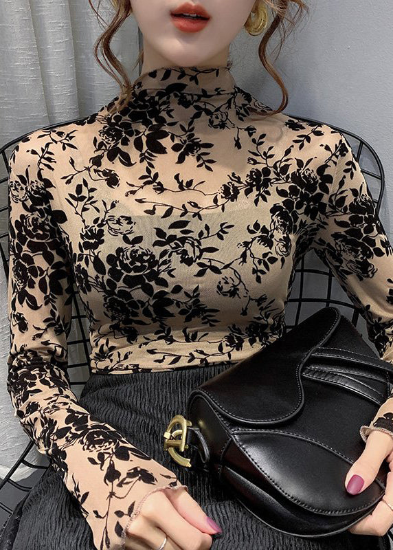 Boho Apricot Turtleneck Embroidered Floral Lace Tops Bottoming Shirt