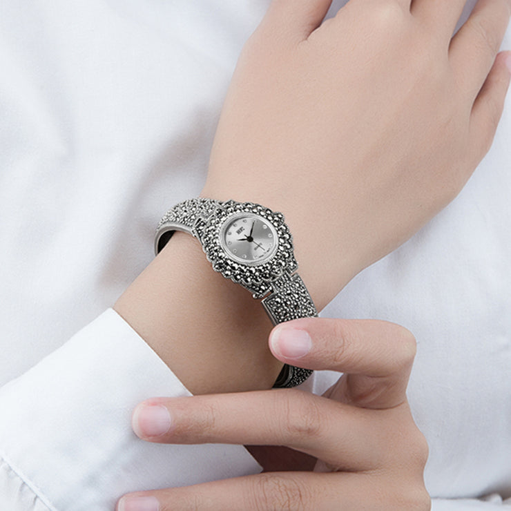 Boho Black Sterling Silver Zircon Metal Organic Glass Wrist Watch