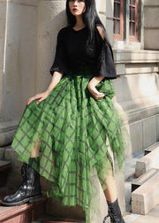 Boho Green Plaid tulle asymmetrical design Skirt Summer - SooLinen