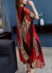 Boho Red O Neck Leopard Print Patchwork Chiffon Dress Summer