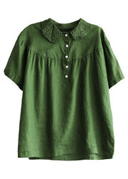 Boutique Green Peter Pan Collar Button Linen Summer Shirt Tops - SooLinen
