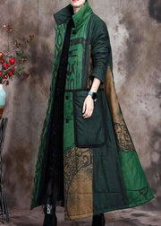 Boutique Green Print Pockets Thick Cotton Winter Long sleeve Coat