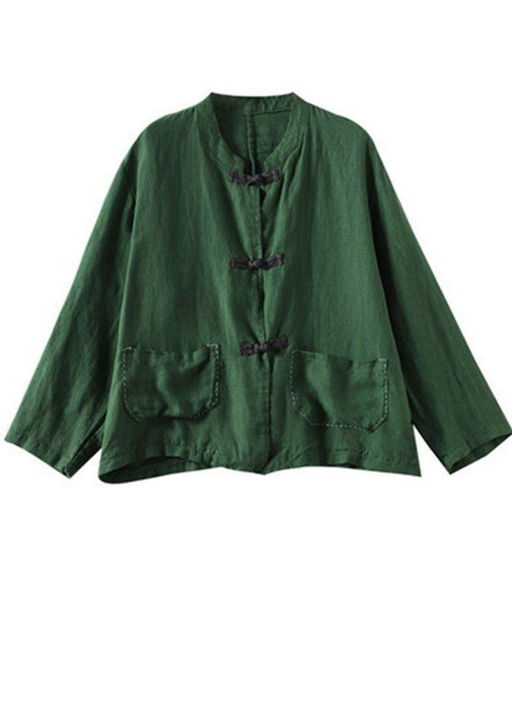 Boutique Green Stand Collar Embroideried Patchwork Linen Coat - SooLinen