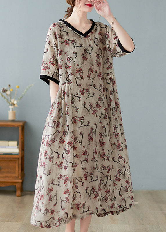Boutique Khaki V Neck Print Linen Dresses Short Sleeve