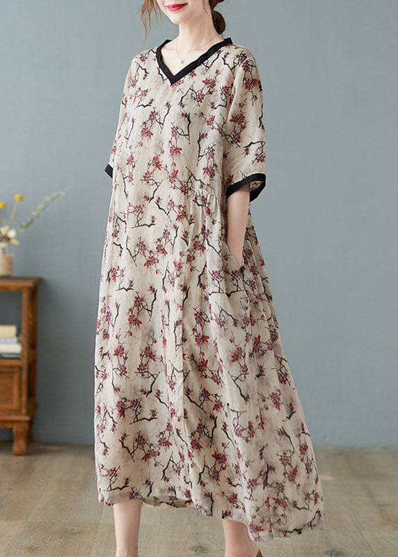 Boutique Khaki V Neck Print Linen Dresses Short Sleeve