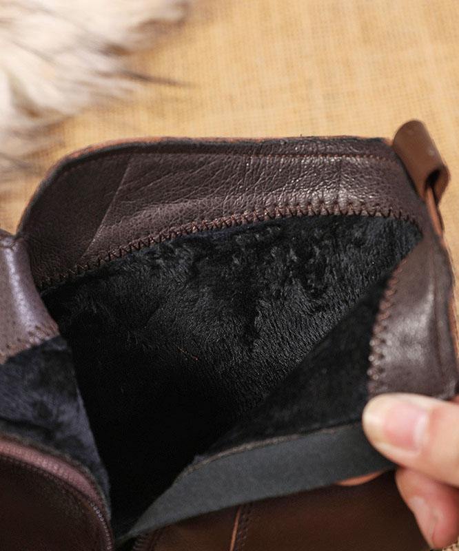 Brown zippered Cowhide Leather Boots Splicing Boots - SooLinen