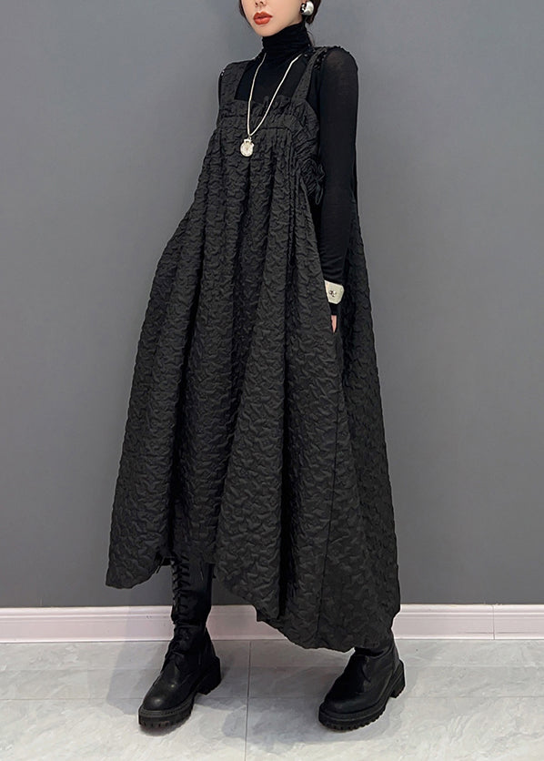 Casual Black Wrinkled Pockets Patchwork Cotton Carpenter Dresses Fall