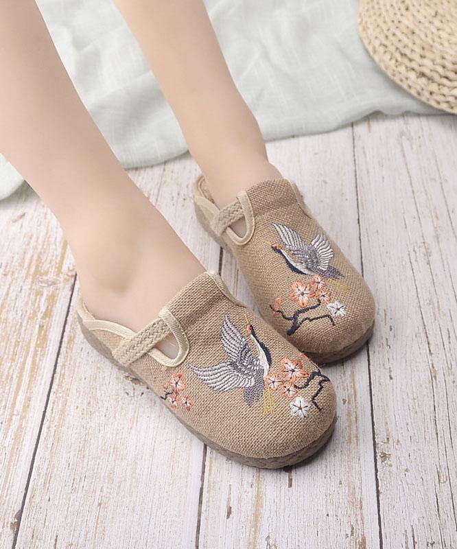Casual Khaki Embroideried Linen Fabric Slippers Shoes - SooLinen