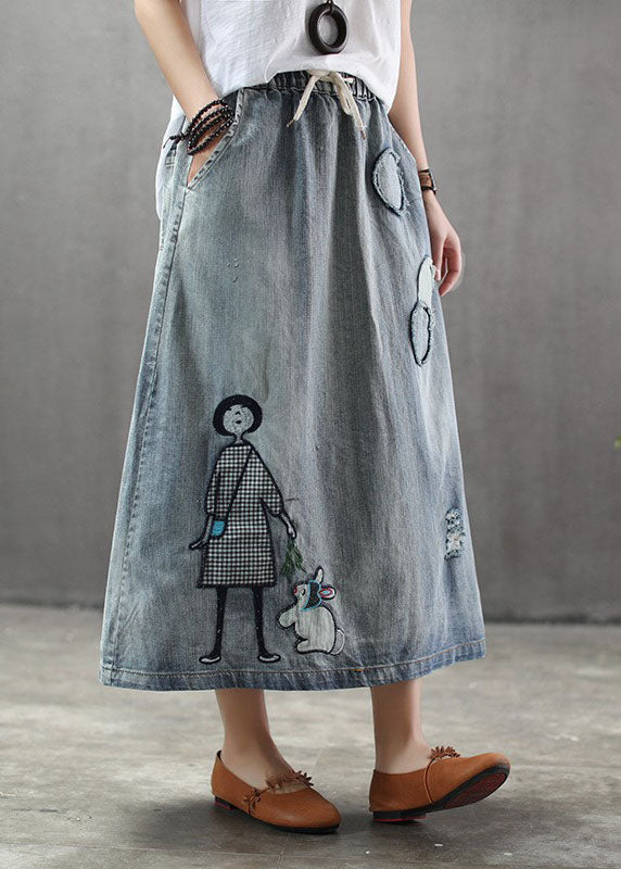 Casual Light Blue Elastic Waist Patchwork Cartoon Embroidered Tulle Denim Skirts Spring