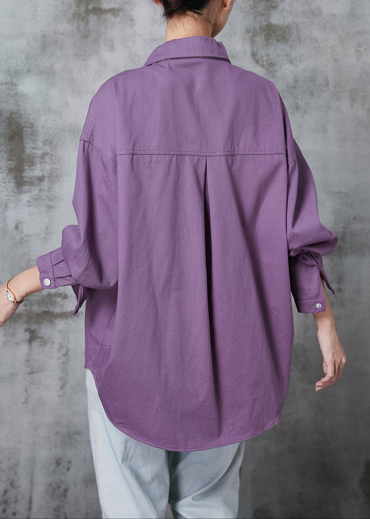 Casual Purple Oversized Pockets Cotton Blouses Spring