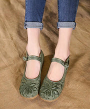 Chic Buckle Strap Flat Feet Shoes Green Embroideried Cotton Fabric - SooLinen