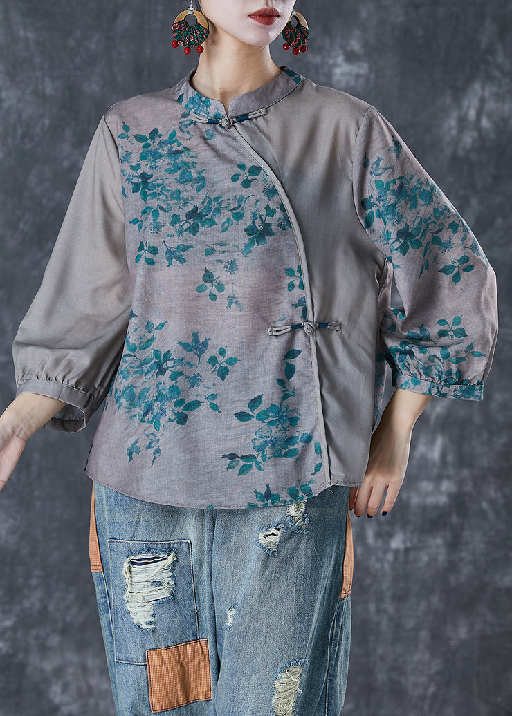 Chic Grey Chinese Style Patchwork Print Linen Blouse Top Fall