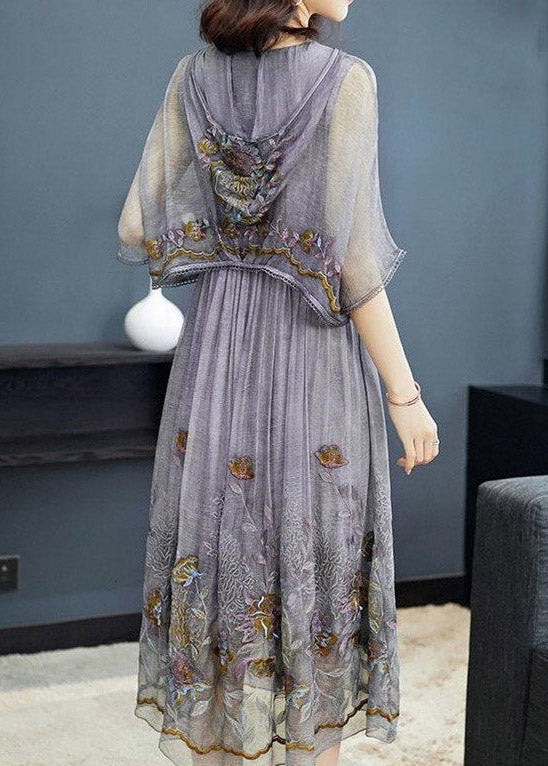 Chic Grey printing Floral Neck Tie Take Two Pieces Hooded Maxi Dresses Summer