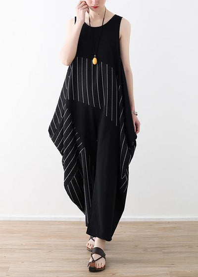 Chic trousers oversized black striped Wardrobes sleeveless asymmetric jumpsuit pants - SooLinen