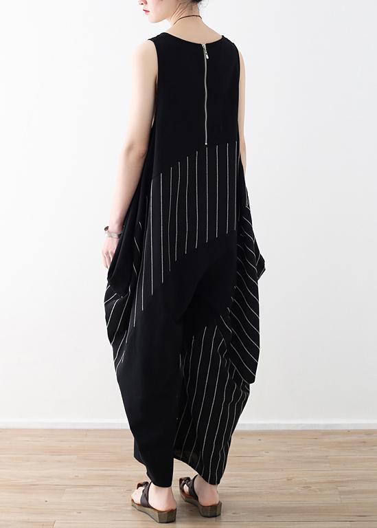 Chic trousers oversized black striped Wardrobes sleeveless asymmetric jumpsuit pants - SooLinen