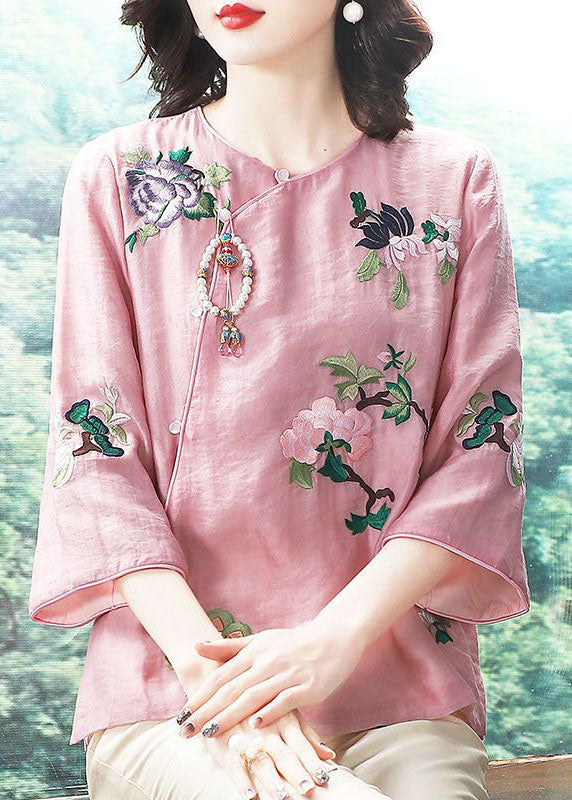Chinese Style Pink Embroidered Patchwork Chiffon Tops Spring