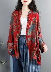 Chinese Style Red Print Pockets Button Patchwork Cotton Coats Long Sleeve