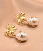 Classy Gold Copper Overgild Zircon Bee Pearl  Drop Earrings