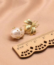 Classy Gold Copper Overgild Zircon Bee Pearl  Drop Earrings