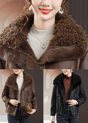 Coffee Zip Up Patchwork Fuzzy Fur Coats Fur Collar Long Sleeve
