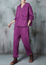 DIY Purple Hooded Drawstring Cotton Pullover Sweatshirt Two Piece Set Spring