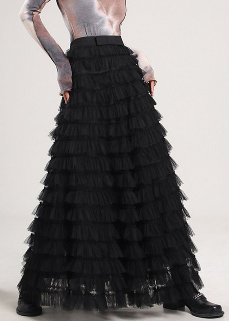 Elegant Black Solid High Waist Tulle Pleated Skirt Spring