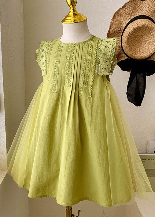Elegant Green Hollow Out Embroidered Tulle Patchwork Cotton Baby Girls Dress Summer