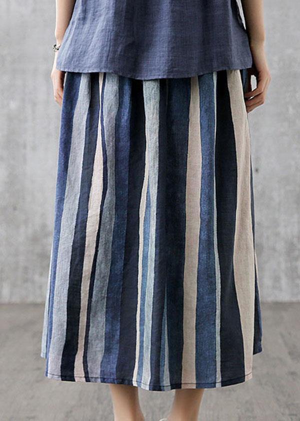 Elegant Navy Retro Striped A Line Summer Skirts Linen - SooLinen