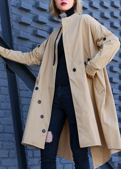 Elegant khaki Coat Women plus size medium length stand collar asymmetric coat - SooLinen