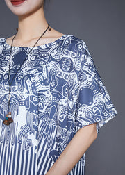 Fashion Blue Striped Patchwork Exra Large Hem Silk Robe Dresses Summer
