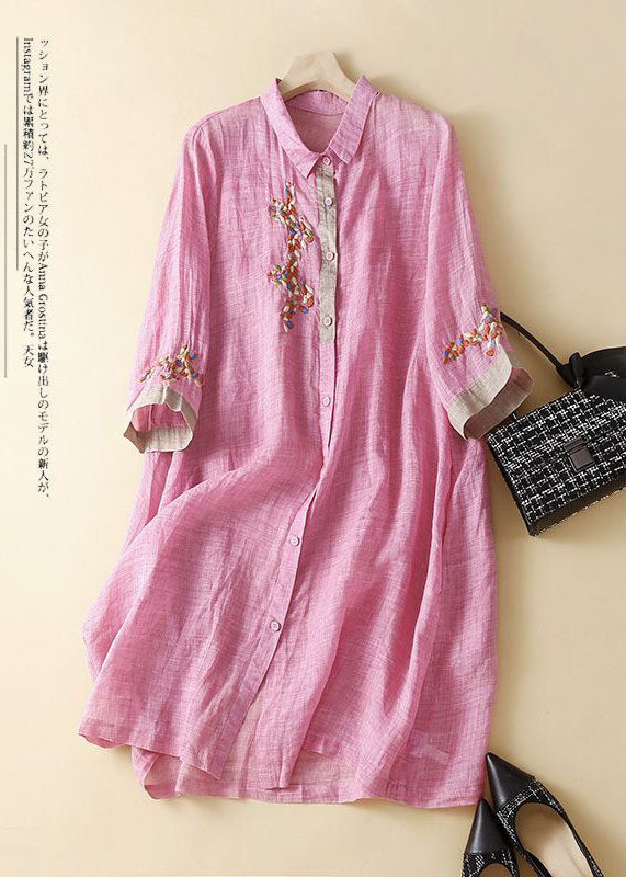 Fashion Pink Embroidered Patchwork Linen Shirt Dress Summer